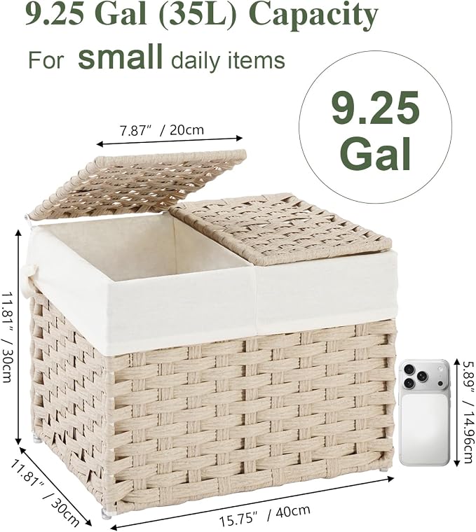 SETVSON Storage Basket with Lid, 2-Lid PE Rattan Storage Bin, Light Khaki | - Image 2