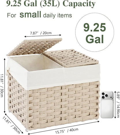 SETVSON Storage Basket with Lid, 2-Lid PE Rattan Storage Bin, Light Khaki | - Image 2