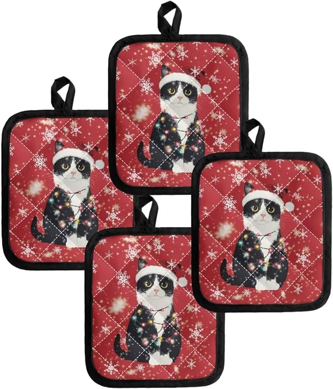 4 Pcs Christmas Black Cat Snowflakes Print Hot Pot Holder Heat Resistant - Image 4