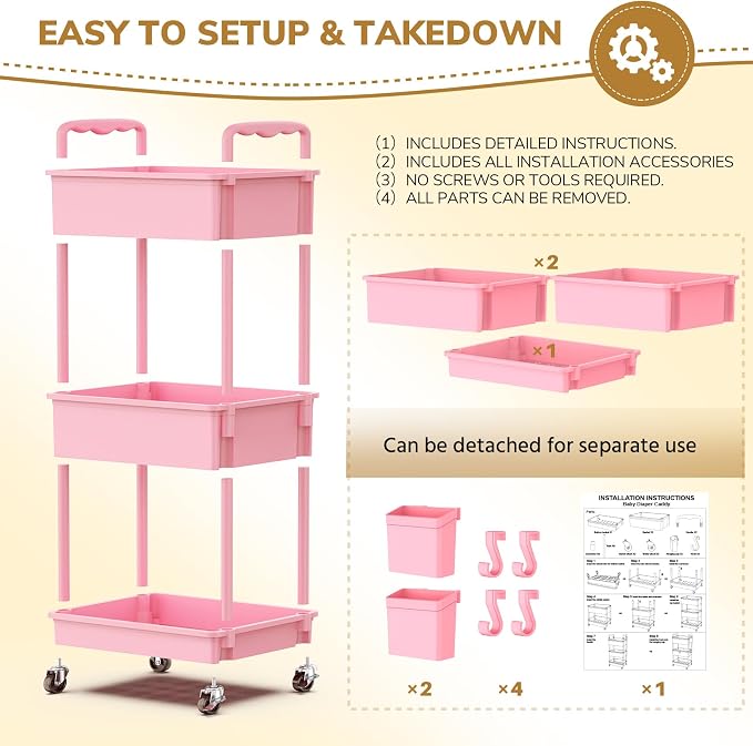 Goovilla Diaper Cart with Lockable Wheels and Easy Assembly, 3 Tier Pink - Image 6