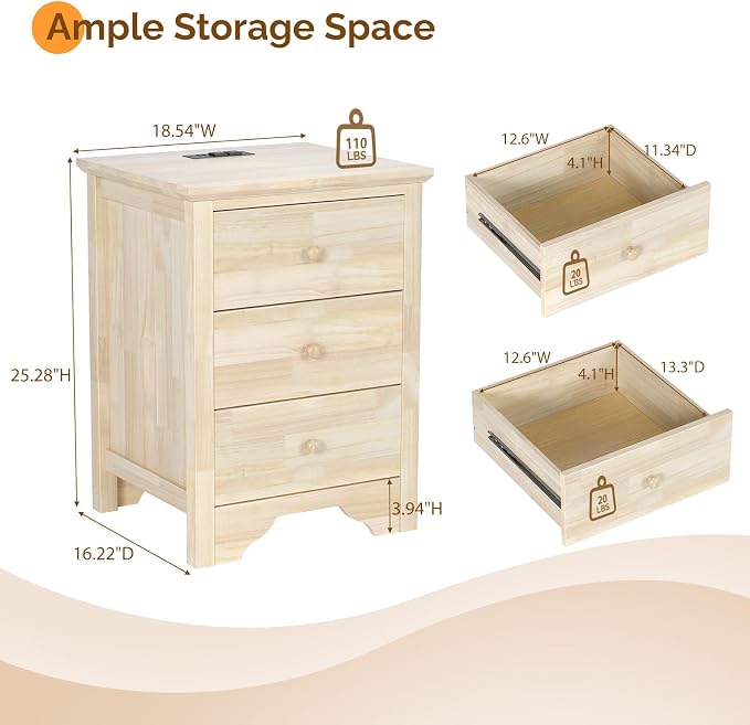 VINGLI Unfinished Solid Wood Nightstand - Image 2