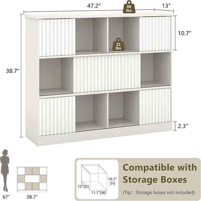 iPormis 12 Cube Bookcase with 6 Fluted Sliding Doors, 3 Tier Wooden Bookshelf - Image 2