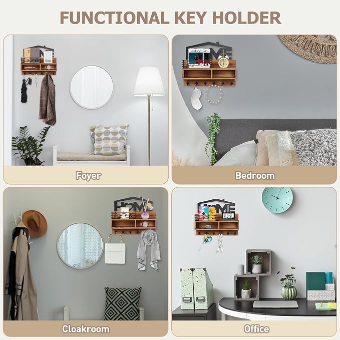VIS'V Key Holder Wall Mount, Decorative Wood Mail and Key Organizer, Small Shelf - Image 7