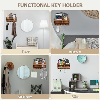 VIS'V Key Holder Wall Mount, Decorative Wood Mail and Key Organizer, Small Shelf - Image 7