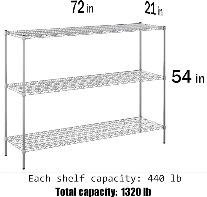 21" Deep x 72" Wide x 54" Height Wire Shelving Kit | 3-Tier | NSF Commercial - Image 3