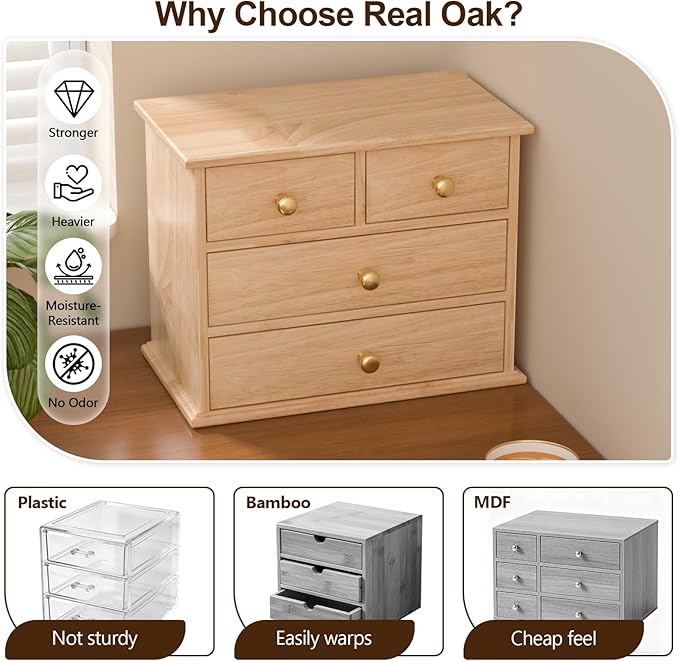 Oak Desk Organizer with Drawers, Durable Wooden Desktop Storage Box | 4 Drawer - Image 3