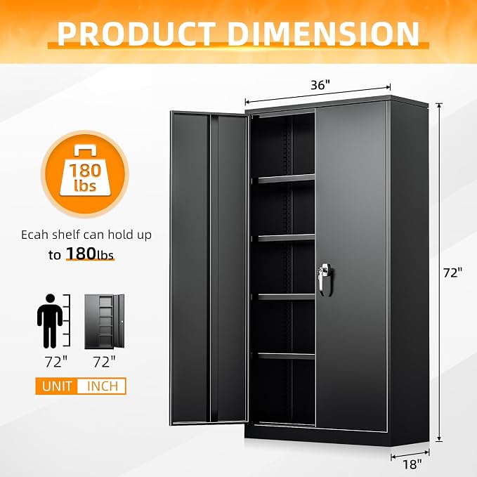 INTERGREAT Black Metal Storage Cabinet Doors, Tall Metal Cabinet Lockable Steel - Image 3