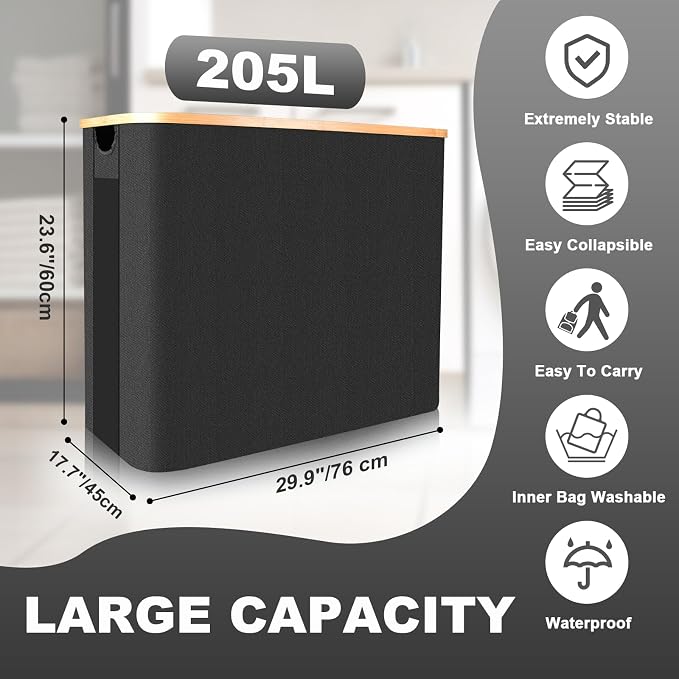 Large Laundry Hamper with Lid 205L, Collapsible 2-Section Dirty Clothes Basket - Image 2