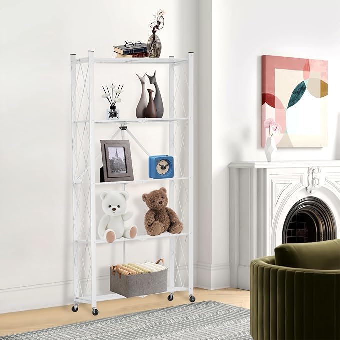 5 Tier Folding Shelf with Wheels, Metal Steel Collapsible Shelves, No Assembly - Image 2