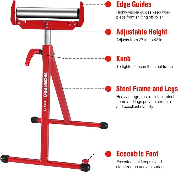 WORKPRO Folding Roller Stand Height Adjustable, Heavy Duty 250 LB Load Capacity - Image 3