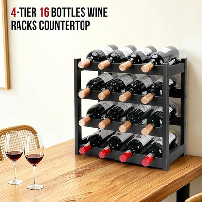 Bamboo Wine Rack, 4-Tier 16 Bottles Wine Storage Cabinet Shelf, Easy-Assembly - Image 3