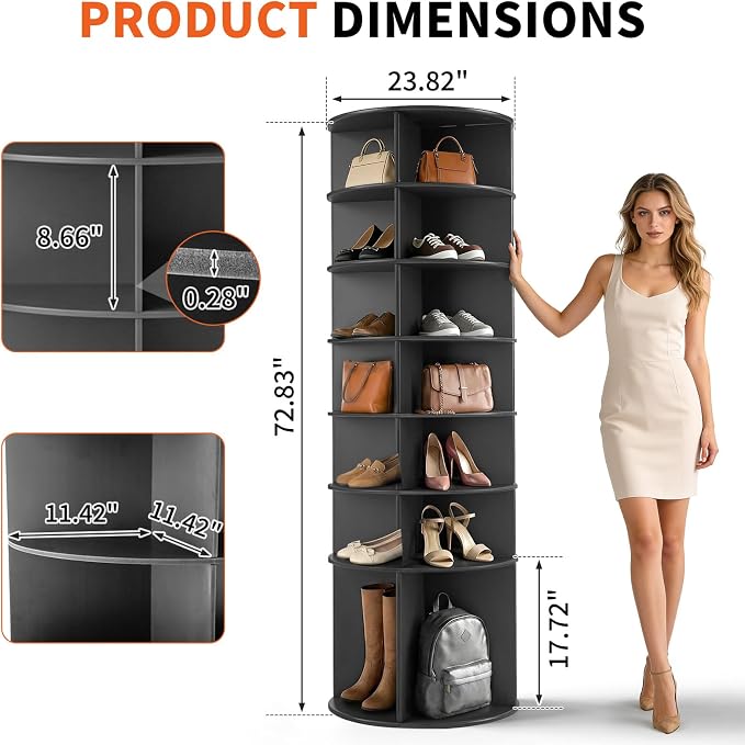Karl home Black 7 Tier 360° Rotating Shoe Rack Tower, Spinning Shoe Display | - Image 2