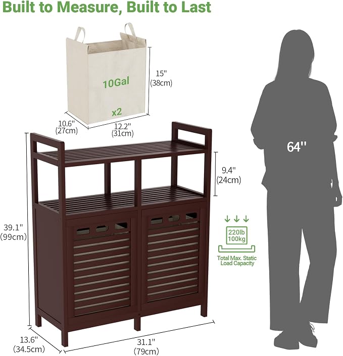 Homykic Tilt Out Laundry Hamper Cabinet, Bamboo Double Laundry Hamper - Image 7