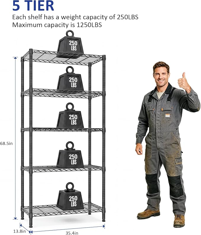 5-Tier Shelving Unit, 1250 Lbs Wire Rack Shelving, Adjustable Storage Rack - Image 3