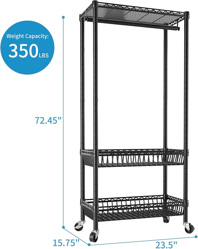 Heavy Duty Clothes Rack Rolling Garment Rack, Adjustable Wire Shelving Clothing - Image 4