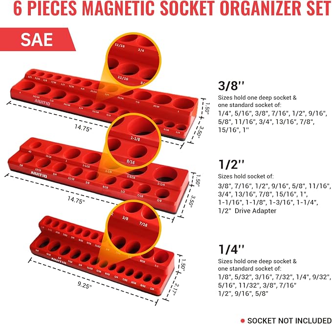 6-Piece Magnetic Socket Organizer Set, Magnetic Socket Holder Includes 1/4" - Image 4