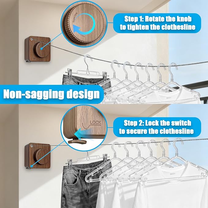 Retractable Clothesline Indoor & Outdoor, 17.4Ft Non-Sagging Stainless Steel - Image 3