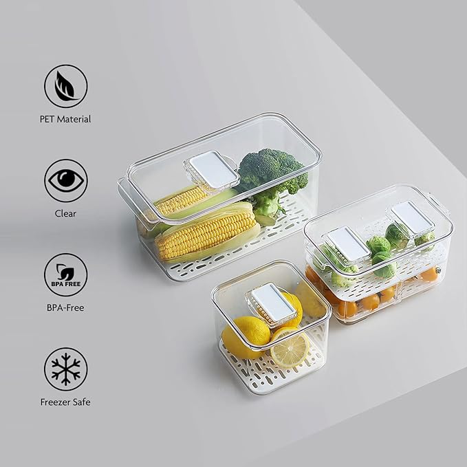 elabo Fruit Storage Containers for Fridge Fresh Produce Saver -3 Pack Stackable - Image 4