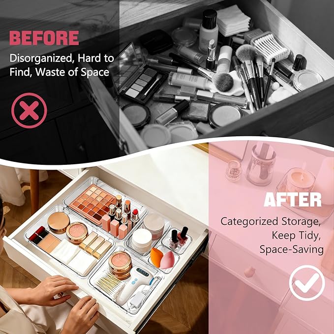 21 PCS Extendable Drawer Organizer Set, 3-Size Clear Stackable Vanity Storage - Image 3