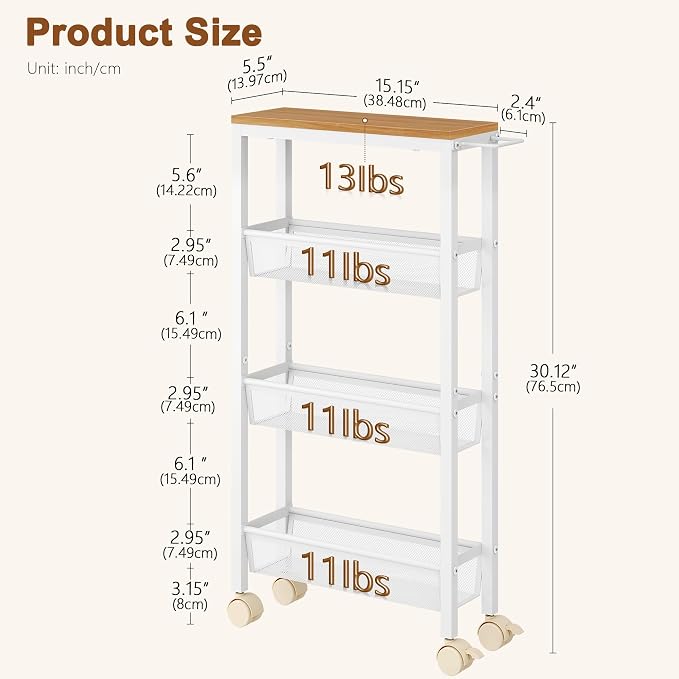 Hoctieon Slim Rolling Storage Cart, 4-Tier Narrow Kitchen Storage Cart - Image 7