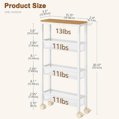 Hoctieon Slim Rolling Storage Cart, 4-Tier Narrow Kitchen Storage Cart - Image 7