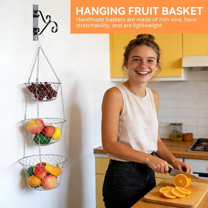 3‑tier Hanging Basket, Hanging Fruit and Vegetable Basket, Heavy Duty Wire - Image 2