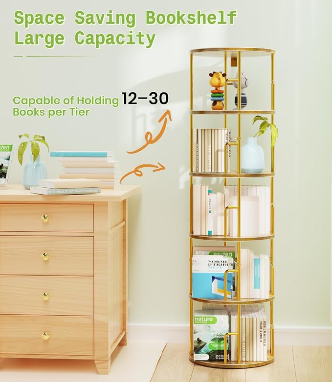 5 Tier Round Rotating Bookshelf Tower Gold, 62” Tall Space Saving Spinning - Image 8