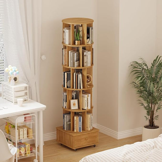 5-Tier Rotating Bookshelf with Drawers on Wheels, 360° Spinning Corner Bookcase by LSHUIZHU