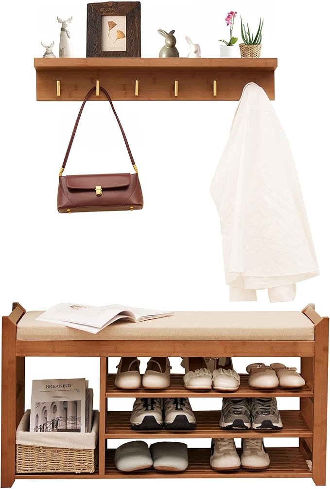 PETKABOO Hall Tree with Bench and Shoe Storage, Coat Rack Shoe Bench Set with by PETKABOO