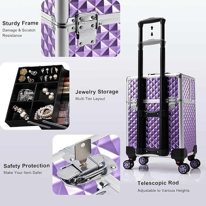 Stagiant Rolling Makeup Train Case Large Storage Cosmetic Trolley 4 Tray - Image 8