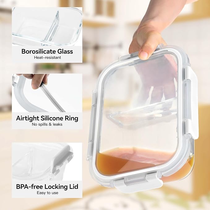BAYZZ 5 Pack 35 Oz Glass Meal Prep Containers 2 Compartments, Glass Storage - Image 2