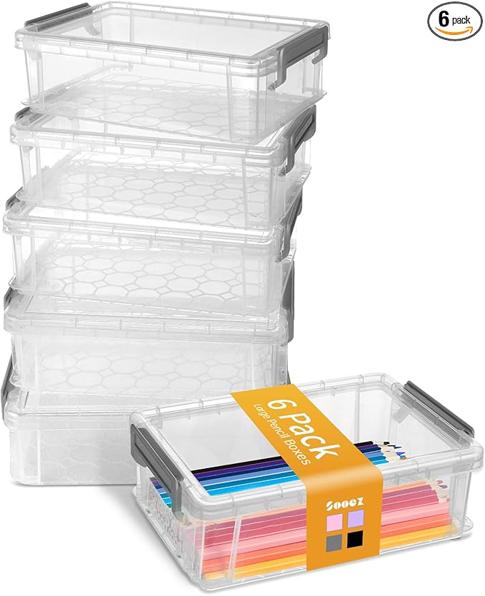 Sooez 6 Pack Extra Large Pencil Box, Plastic Pencil Case Crayon Box | Clear by Sooez