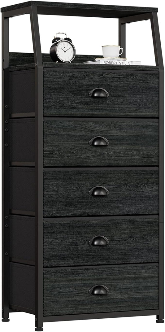 Furnulem Black Dresser for Bedroom, Fabric Dorm Tall Nightstand | 5 Drawers by Furnulem