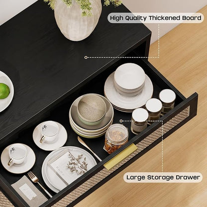 Rattan Buffet Cabinet with Storage Set of 2, Sideboard Cabinet with Doors and - Image 6