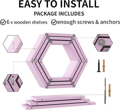 Wooden Hexagon Floating Shelves Wall Mounted, Rustic Honeycomb Shelves - Image 7