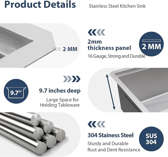 Lordear 33 Undermount Kitchen Sink 33" x 19" Stainless Steel Sinks 16 Gauge - Image 8