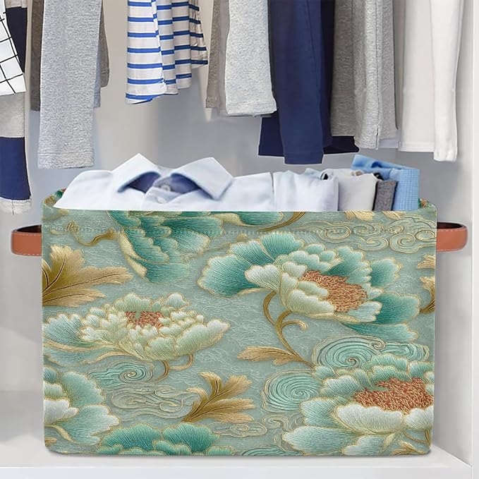Pardick Teal Flower Floral Basket Storage Bins Large Fabric Toys Storage Cube - Image 5