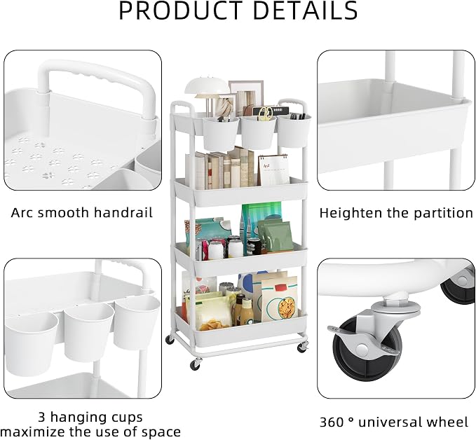 JIUYOTREE 4-Tier Plastic Rolling Storage Cart Utility Cart - Image 7