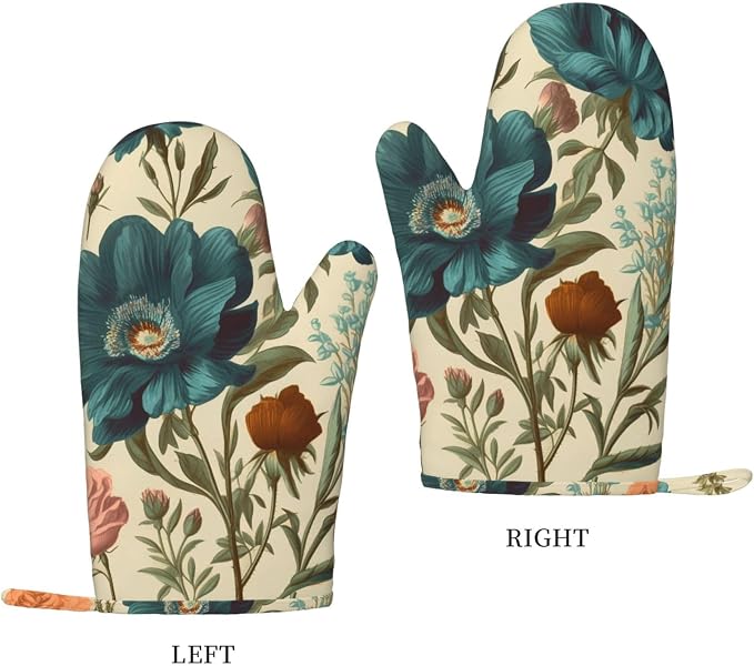 Floral Print Oven Mitts Set of 2, Heat Resistant Silicone Oven Mittens Gloves - Image 2