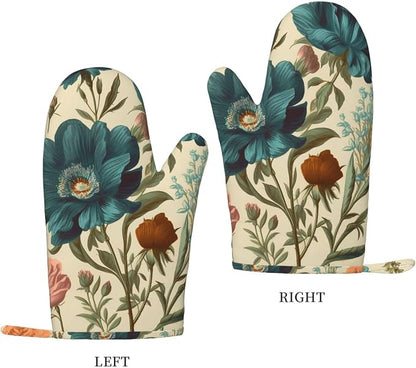 Floral Print Oven Mitts Set of 2, Heat Resistant Silicone Oven Mittens Gloves - Image 2