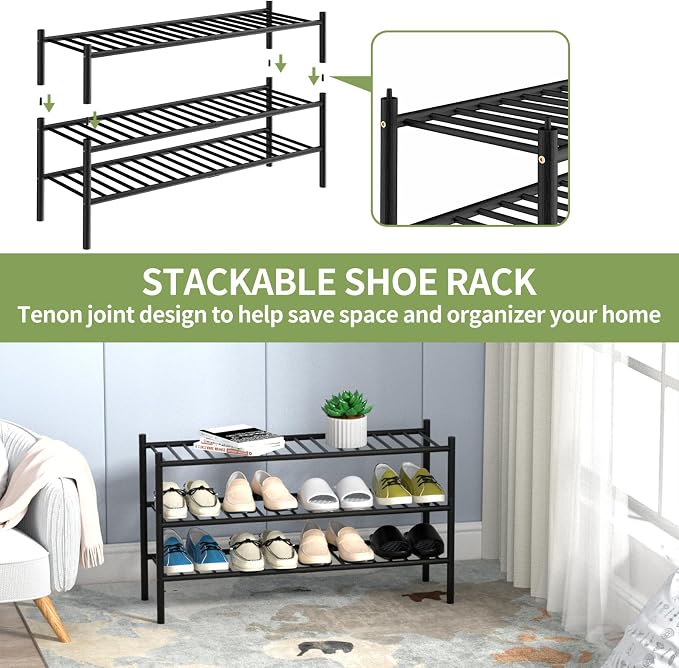 3-Tier Bamboo Long Shoe Rack, Free Standing Wood Shoe Shelf Storage Organizer - Image 6