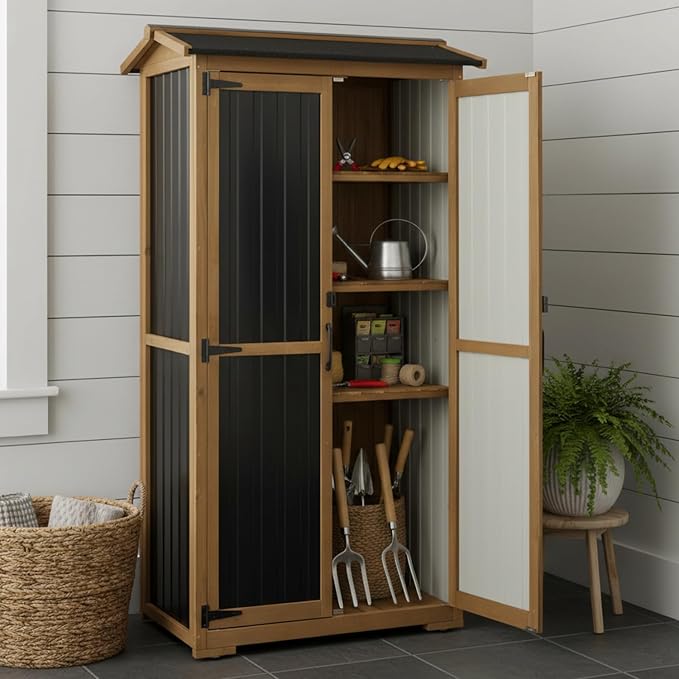 Ketive Outdoor Storage Cabinet, Wood & Metal Garden Cabinet - Image 7