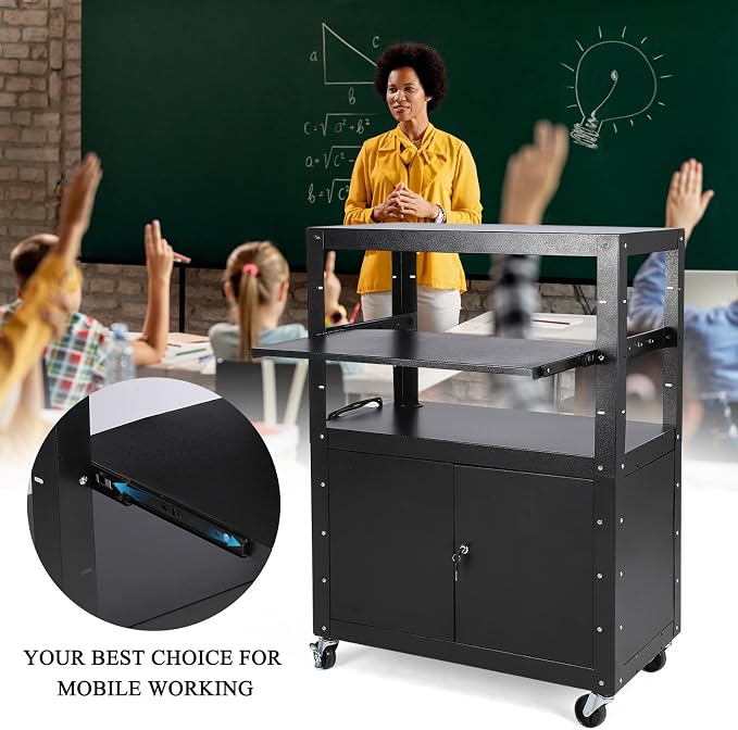 Mobile AV Cart with Locking Storage Cabinet, Adjustable Laptop Stand & Drop - Image 5