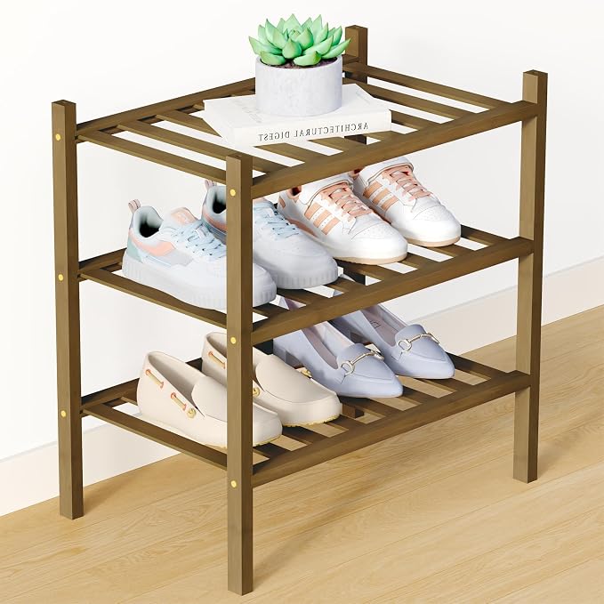 Smiry Bamboo Shoe Rack for Closet, 3 Tier Small Wooden Stackable Shoe Organizer by Smiry