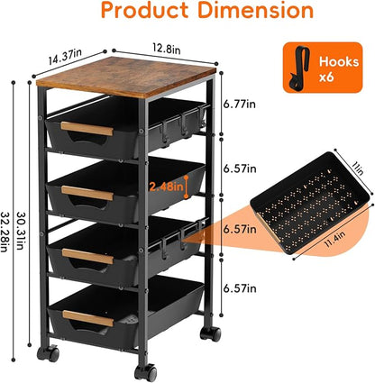 5-Tier Kitchen Storage Cart, Wood Top Rolling Cart Organizer - Image 5