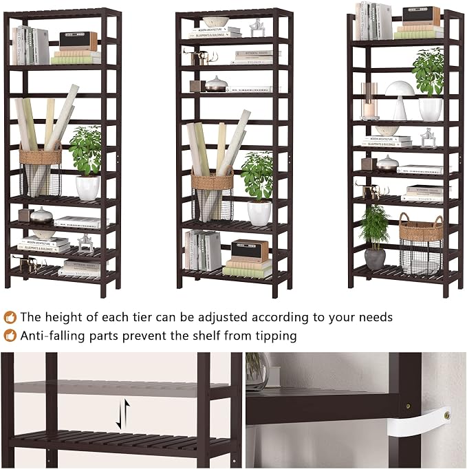 Homykic 6-Tier Bamboo Bookshelves and Bookcases, Adjustable 63.4”Tall Shallow - Image 6