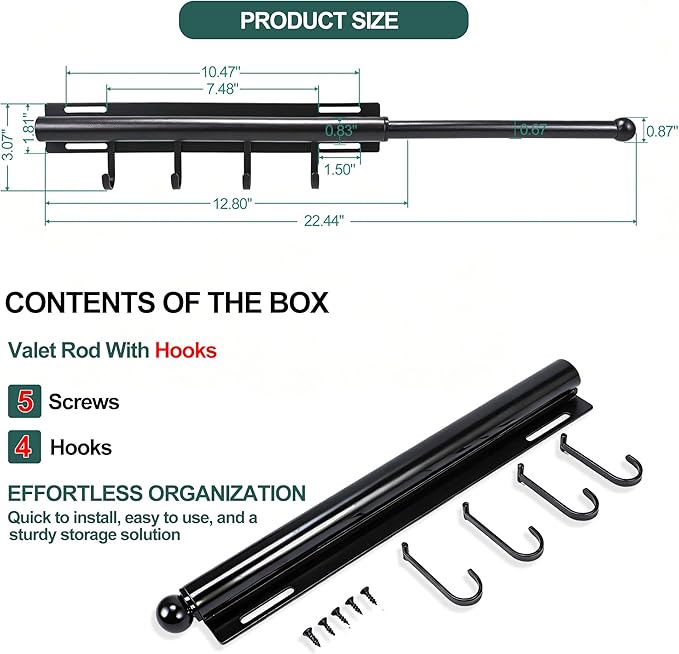 12in，Valet Rod，Valet Rod For Closet Pull Out，（Black） Closet Rod，Hanging - Image 5
