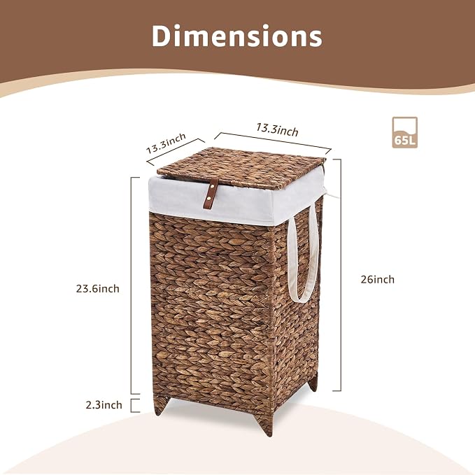 Laundry Hamper with Lid and Removable Liner Bag, Handwoven Natural Hyacinth - Image 2