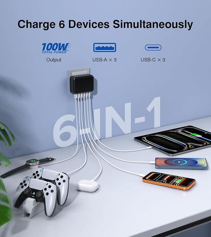 Fast Charger Block, GaN 6 Port USB C Charging Station Hub Cube, 100W Multiport - Image 2