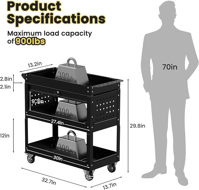 3 Tier Heavy Duty Tool Cart, Mechanic Metal Rolling Tool Cart 900 Lbs Work Cart - Image 7